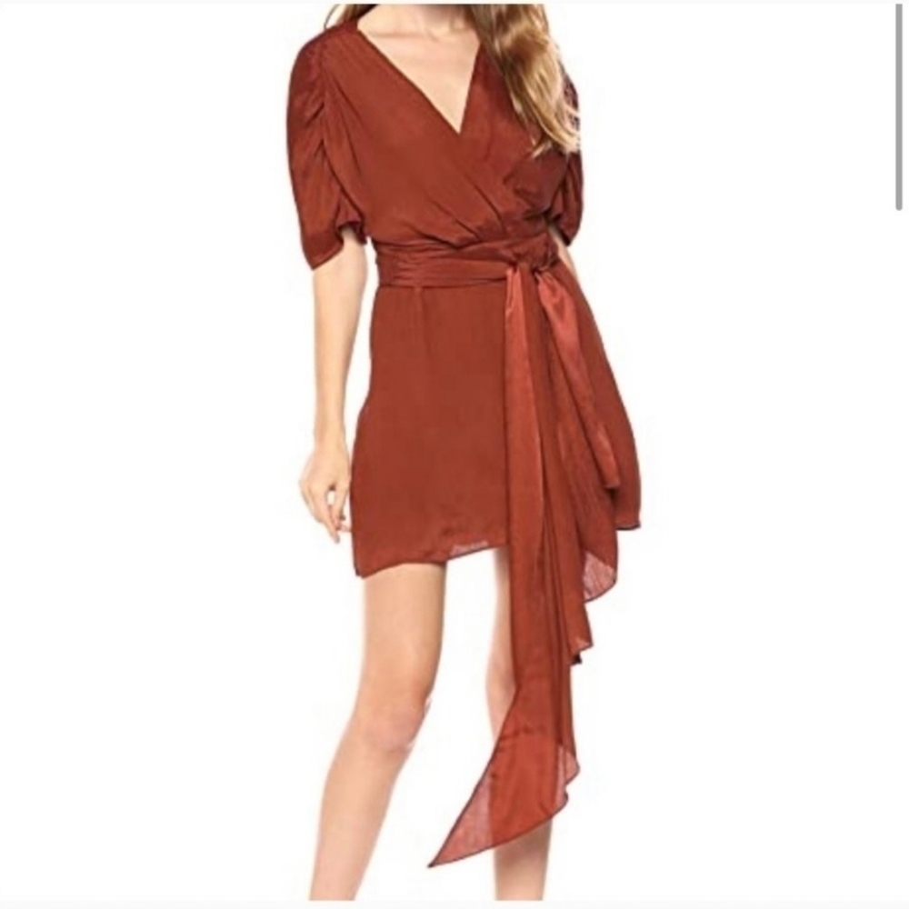 C/MEO Collective Rust Satin Wrap Mini Dress with Draped Sash